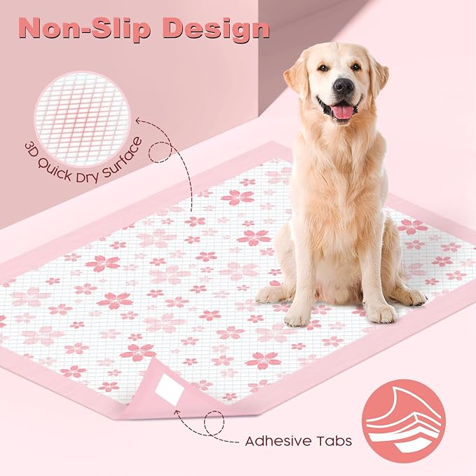 MIZOK Pink Puppy Pads with Adhesive Tabs Disposable Pee Pads 28x34in 50Ct | Heavy Duty Floor Protection Super Absorbent Large Pet Training Pads Use Sticky Bottom Strips to Keep Indoor Areas Mess Free