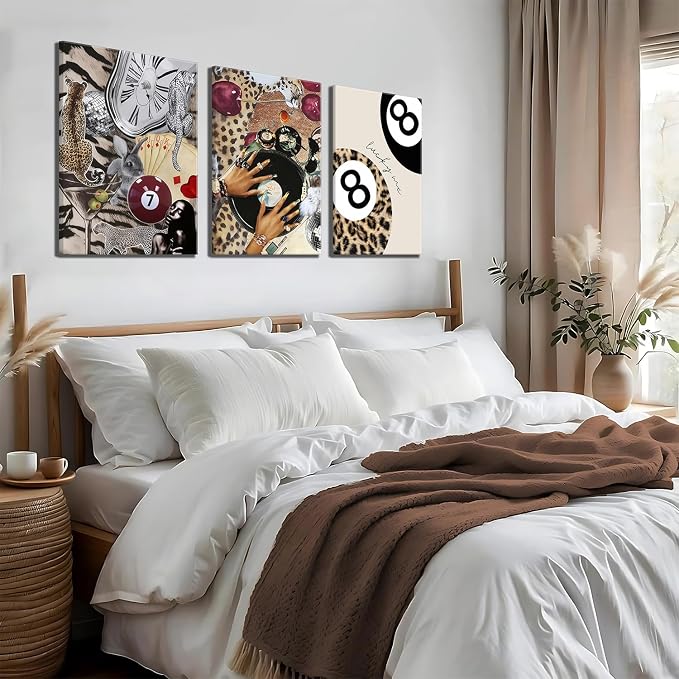 Trendy Leopard Wall Art Set of 3 Cheetah Canvas Aesthetic Wall Decor Funky Black Girl 8 Ball Lucky Poster Prints Pictures Artwork for Bedroom Living Room 12x16 Inch Framed