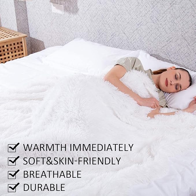 YUSOKI Long Faux Fur Twin Size Blanket, White, 60" x 80" | Ultra Soft, Lightweight for All Season Use, stays fluffy after repeated washes, Perfect Gifts, Machine Washable
