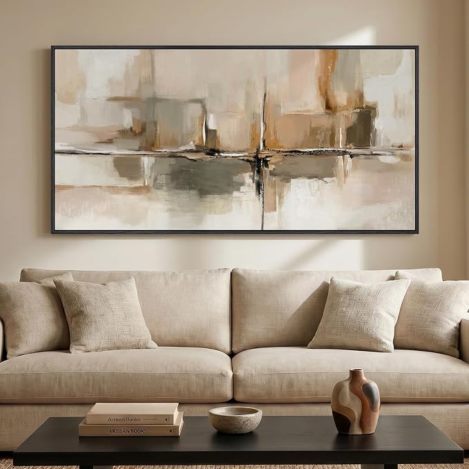 Large Framed Neutral Abstract Wall Art for Living Room, Horizontal 60x30 In | Beige brown pictures, Canvas prints, Wood frame, Modern paintings, Artwork for walls, Wall decor for Bedroom Dining Office