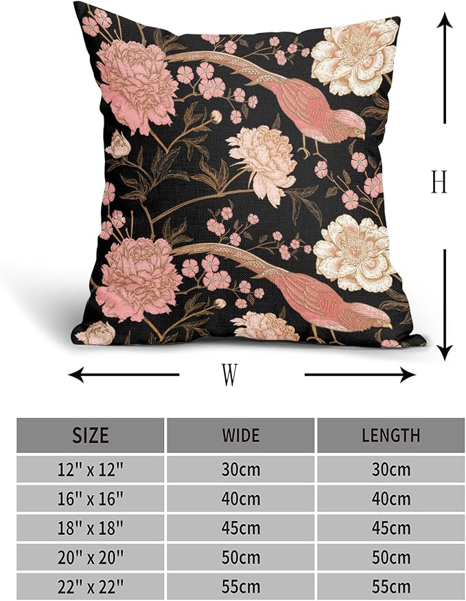 Flowers Birds Leaf Pillow Covers 20X20 Inch Set of 2 Pink White Roses Floral Decorative Pillow Cases Art Retro Black Gold Cotton Linen Cushion Case Vintage Home Decor For Sofa Couch Porch Outdoor