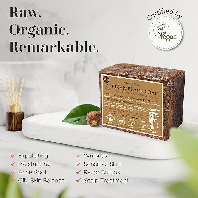 era of nature Best Raw ORGANIC AFRICAN BLACK SOAP, for Dry Skin and Skin Conditions. Pure & Natural Ingredients, Imported From Ghana - 1lb (16oz)