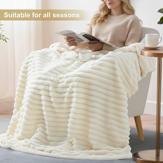 decorUhome Cream White Fleece Throw Blanket 50x60 Inches | Soft Couch Cozy Fluffy Plush Flannel Striped Blanket for Sofa Bed, Lightweight Decorative Ribbed Fuzzy Blanket for Woman