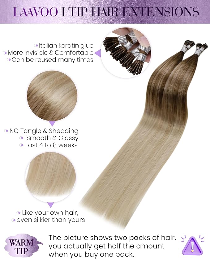 LaaVoo Itip Human Hair Extensions Balayage Blonde Itip Hair Extensions Real Human Hair Ombre Brown to Ash Blonde with Platinum Blonde I Tip Hair Extensions Cold Fusion 14inch 40g 80s