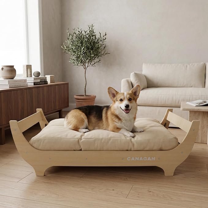 CANAGAN Elevated Wood Dog Bed Frame with Cushion, WoodPattern, Medium | Raised Dog Couch Bed with Washable Cover and Plush PP-Filled Cushion, Furniture-Style for Indoor Living