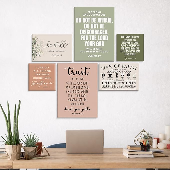 Framed Motivational Christian Bible Verse Wall Art, Set of 6 Religious Scripture Canvas Wall Decor for Prayer Room Church, Biblical Pictures for Bedroom Home Office, Christian Gifts
