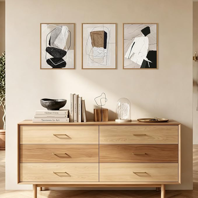 ANHUIB Neutral Abstract Wall Art Canvas,Black Beige Artwork, Modern Textured Framed Wall Art, Minimalist Geometric Painting,16x12Inches Set of 3 for Living Room Bedroom