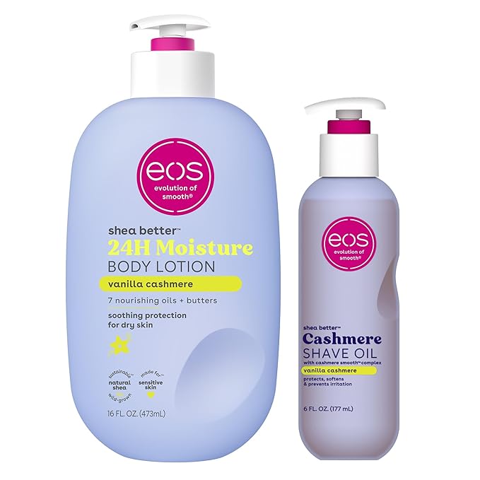 Bundle of eos Shea Better Body Lotion + Cashmere Shave Oil, Vanilla Cashmere, 24-Hour Moisture Skin Care, Lightweight & Non-Greasy, Natural Shea, Vegan, Soothing Moisturizing