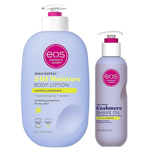 Bundle of eos Shea Better Body Lotion + Cashmere Shave Oil, Vanilla Cashmere, 24-Hour Moisture Skin Care, Lightweight & Non-Greasy, Natural Shea, Vegan, Soothing Moisturizing