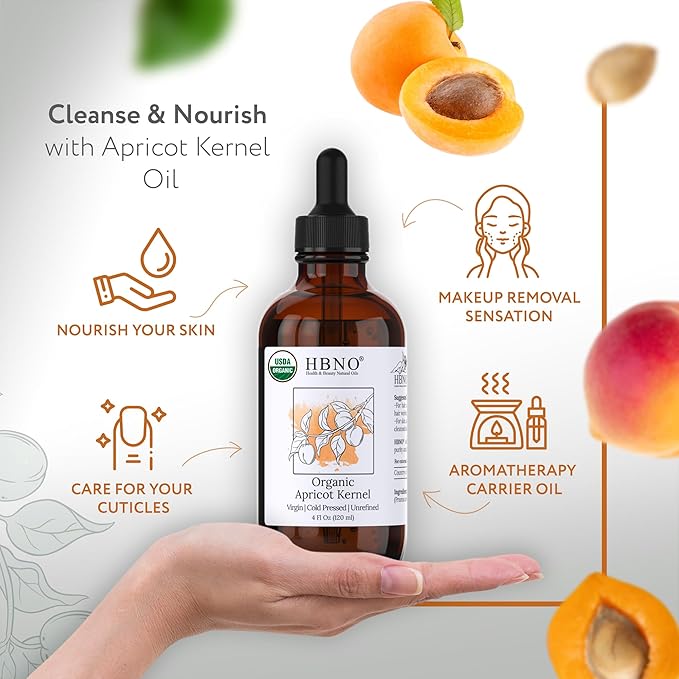 HBNO Organic Apricot Kernel Oil - 4 oz (120 ml) Value Size - Natural Apricot Oils, Cold Pressed - Perfect Carrier Oil for Massage, Aromatherapy, DIY, Soap Making, Face, Body, Lips, Hair, Nails