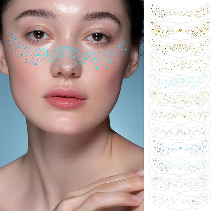 12 pcs Glitter Freckles Holographic Face Body Glitter Tattoo Sparkle Gold Glow Cosmetic Cute Star Temporary Face Tattoo Waterproof Sweatproof Sparkle Speckles Patches for Women Festival Rave Party