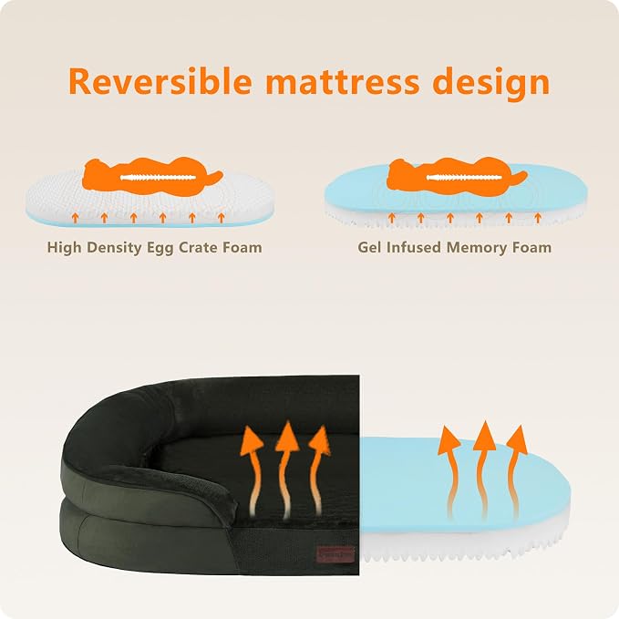 Dwanton Orthopedic Waterproof Large Dog Bed Sofa, Gel Memory Foam, 42" | Egg-Crate Foam Dog Sofa, Washable Pet Bed with Four Sided Bolster Cushion, Removable Cover & Non-Slip Bottom, Green