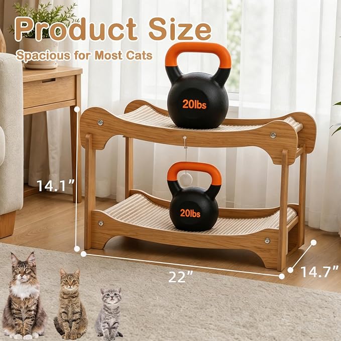 Two-Tier Sisal Cat Scratcher Bed, Solid Cats Scratching Post Hammock Lounge for Indoor Cats, Comfortable Cat Bed Natural Sisal Scratch Pad for Cats Scratcher Lounge, Sturdy Wooden Cat Furniture