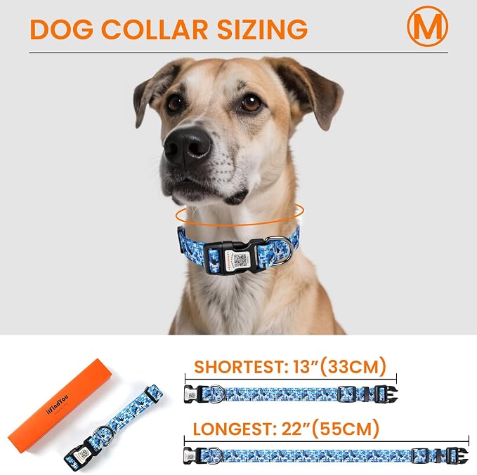 Personalized Dog Collar with QR Code Dog Tag, Camo Blue M | Anti-lost, 1000D nylon, reflective, padded, XS-L(8"-24"), QR buckle shares lost pet profile, location alerts when scanned
