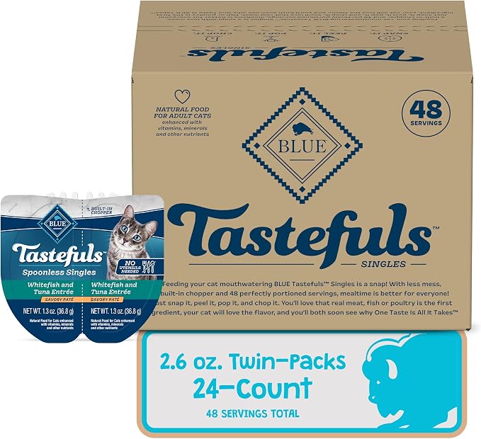 Blue Buffalo Tastefuls Whitefish & Tuna Spoonless Singles, 2.6 oz, 24 ct | Paté Style, Silky-Smooth Texture, Twin-Pack Trays