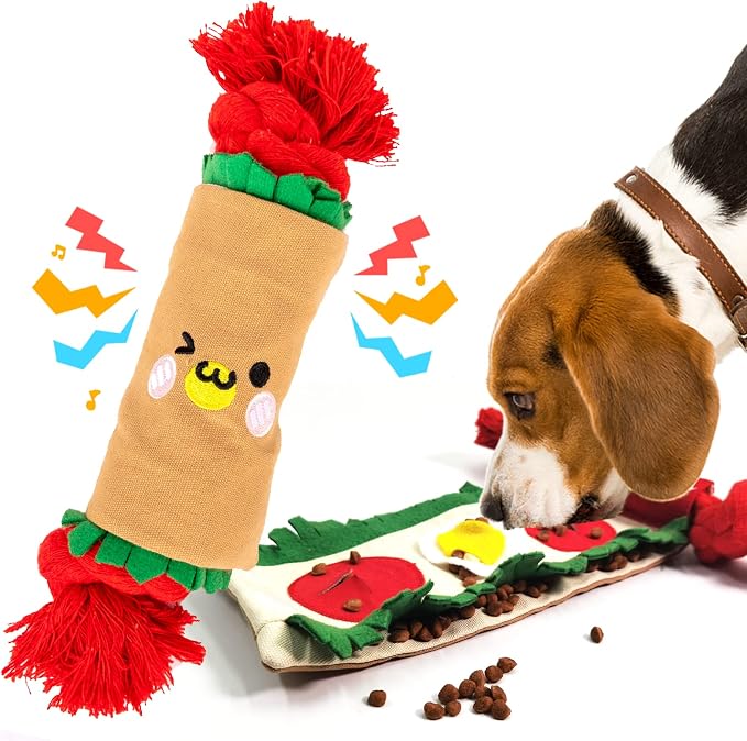 lilfrd Burrito Snuffle Mat Dog Toy, Squeaky Crinkle Rope Puzzle Taco Toy