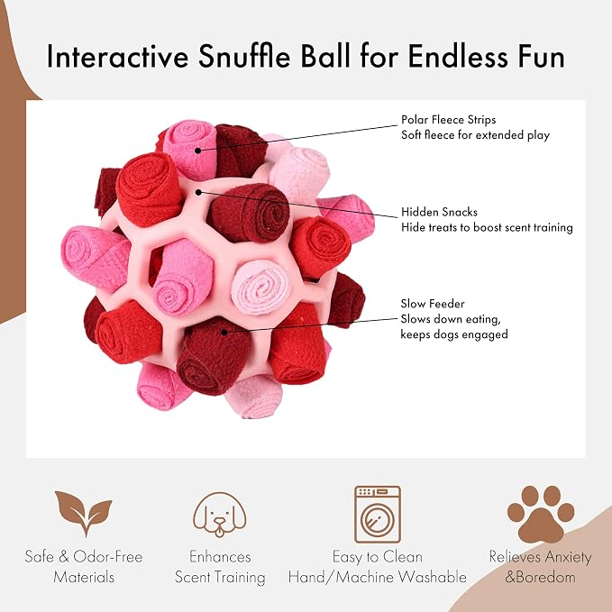 Mira's Pocket Dog Snuffle Ball Toy, Mental Stimulation Chew Toy for Dogs & Cats, 6 inches Licking Mat Treat Dispensing Ball with Hollow Design, Slow Feeder for Fast Eaters (Pink)