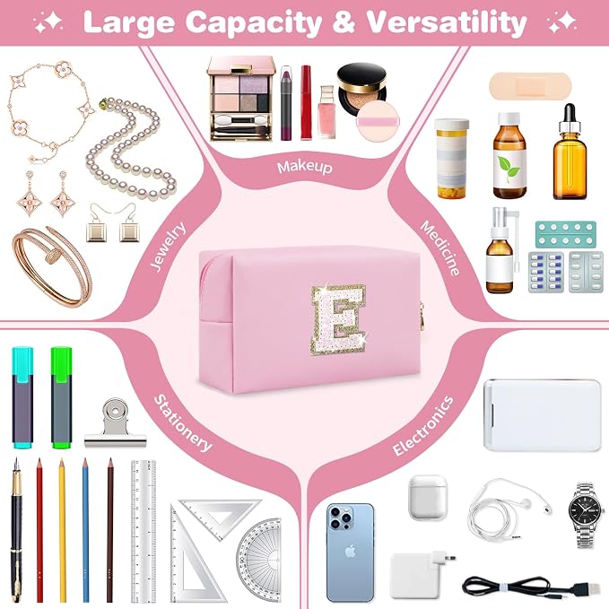 Small Personalized Initial A-Z Patch Makeup Bag,Pink Cute PU Leather Glitter Letter Cosmetic Bag for Teen Girls,Travel Toiletry Bag with Zipper,Preppy Monogrammed Birthday Gift for Daughter Niece E