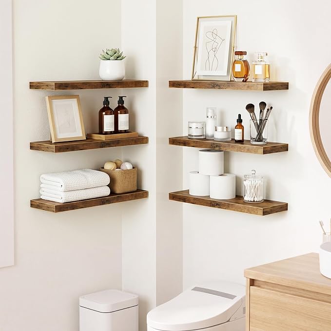 Fixwal Floating Wall Shelves for Decor (Rustic Brown, Set of 6, 15.7 Inch) | MDF Shelves with Metal Brackets, Space Saving for Books, Decor, Works in Bathroom, Kitchen, Living Room, Bedroom
