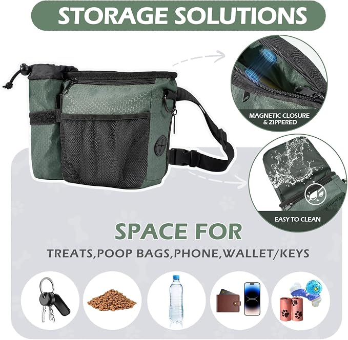 Dog Treat Training Pouch Built-in Poop Bag & Side Pocket Dispenser