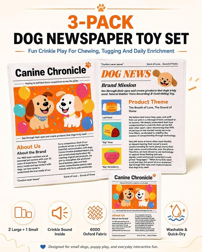 3PC Indestructible Dog Newspaper Toy, Crinkle Squeaky Dog Toys for Boredom