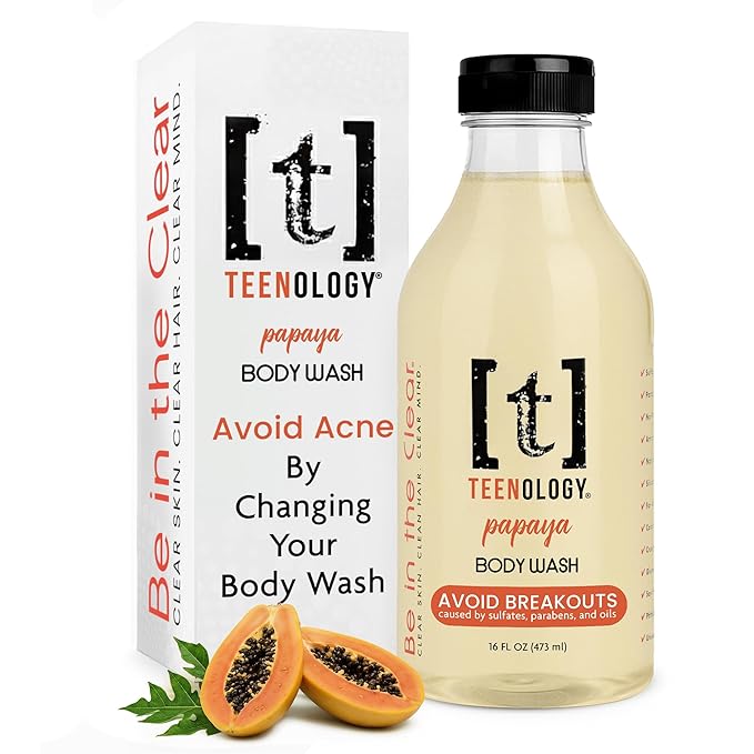 Teenology Body Wash for Teens, Avoid Acne Breakouts, Sulfate & Paraben Free, with Natural Botanical Extracts for Clear & Healthy Skin, 16 oz - (Fresh Papaya)