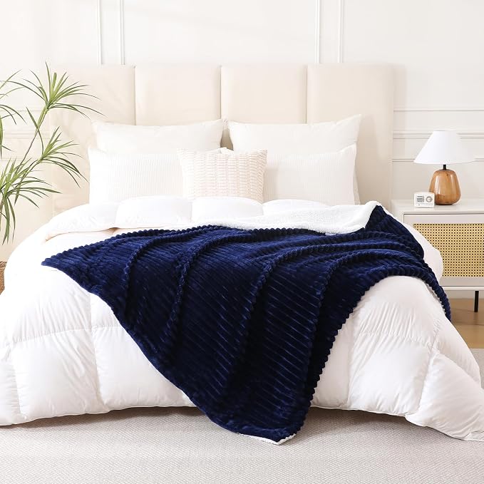 Navy Blue Sherpa Fleece Throw Blanket 50”×60” for Couch Sofa Bed | Double Side Soft Fuzzy Cozy Plush Thick Flannel Blanket with Striped Design Gift for Adults,Woman