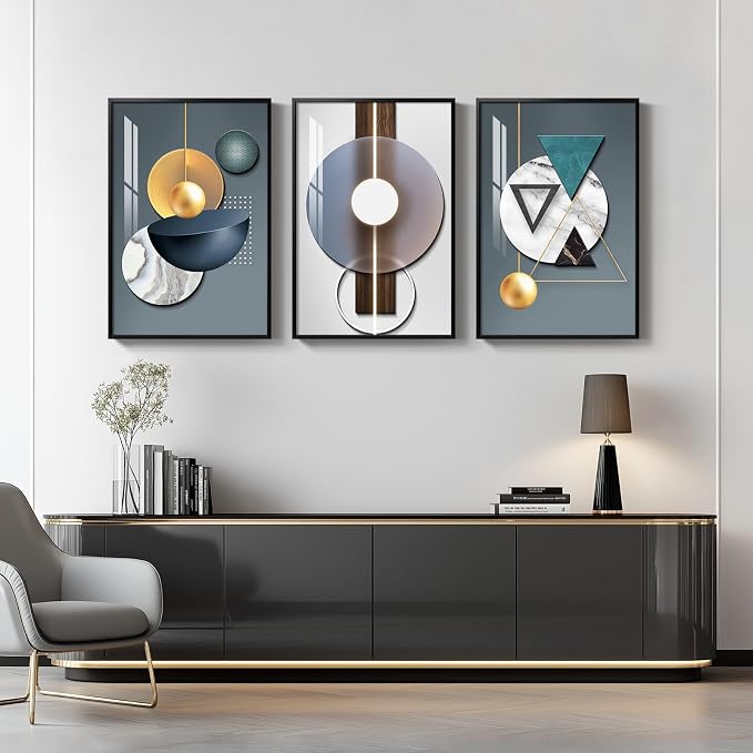 Large Framed Modern Luxury Wall Art for Living Room, 3 Piece Abstract Blue Green Paintings Wall Decor, Bright Style Geometry Prints Artwork with Black Frame for Office 24x36 Inch