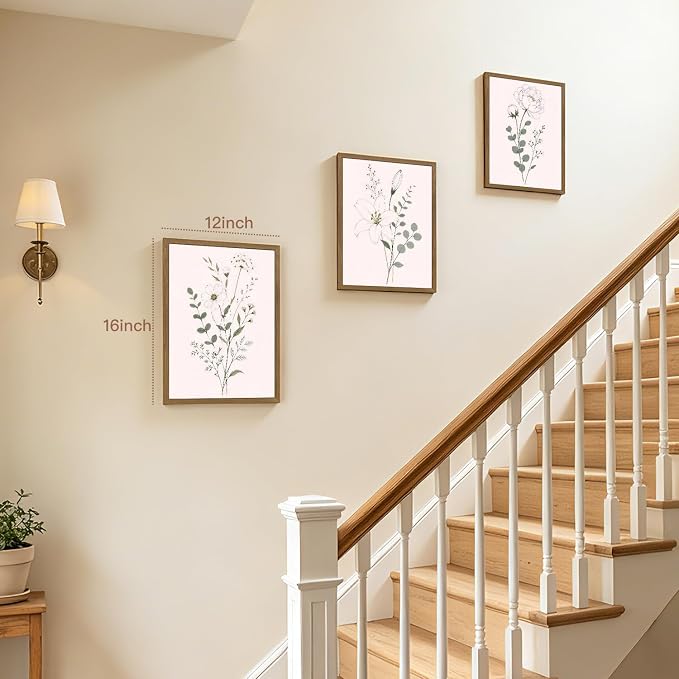 OPFDE Wood Framed Sage Green Botanical Wall Art Set of 3, Minimalist Wildflower Poster Prints, Neutral Floral Line Art Decor, Modern Farmhouse Bathroom Artwork for Living Room Bedroom 16x24 Inch
