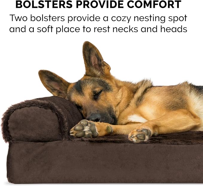 Furhaven Memory Foam Dog Bed for Medium/Small Dogs w/ Removable Bolsters & Washable Cover, For Dogs Up to 35 lbs - Plush & Velvet L Shaped Chaise - Sable Brown, Medium