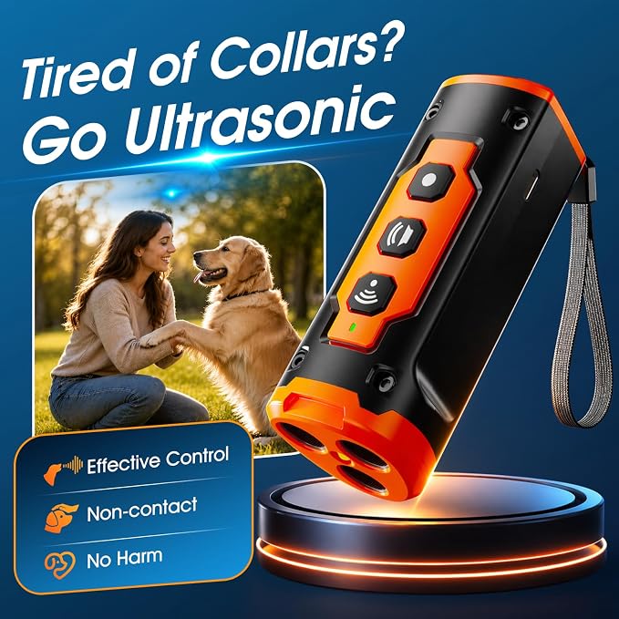 2026 New Dog Bark Deterrent Devices, 1-Touch Anti Barking Device for Dogs with 3 Sonic Heads, 50ft Range, Rechargeable & Safe Dog Training Tool with Flashlight, Helps Improve Behavior