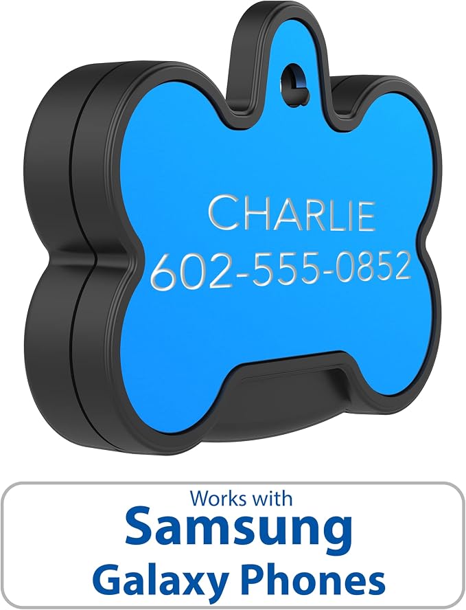 YIP Smart Tag ID & Custom Engraved Dogs Tracker - Compatible with Samsung Galaxy (No GPS Subscription Or Monthly Fee) Pets Collar Location Bone Blue