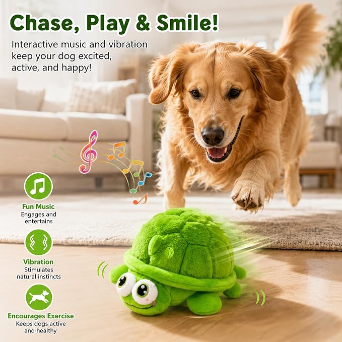 Interactive Moving Dog Toys – Interactive Dog Toys Plush Chew Toy with Bouncing Ball, Music & Recording Rechargeable Self-Play Toys for Small, Medium & Large Dogs to Keep Them Busy (Turtle)