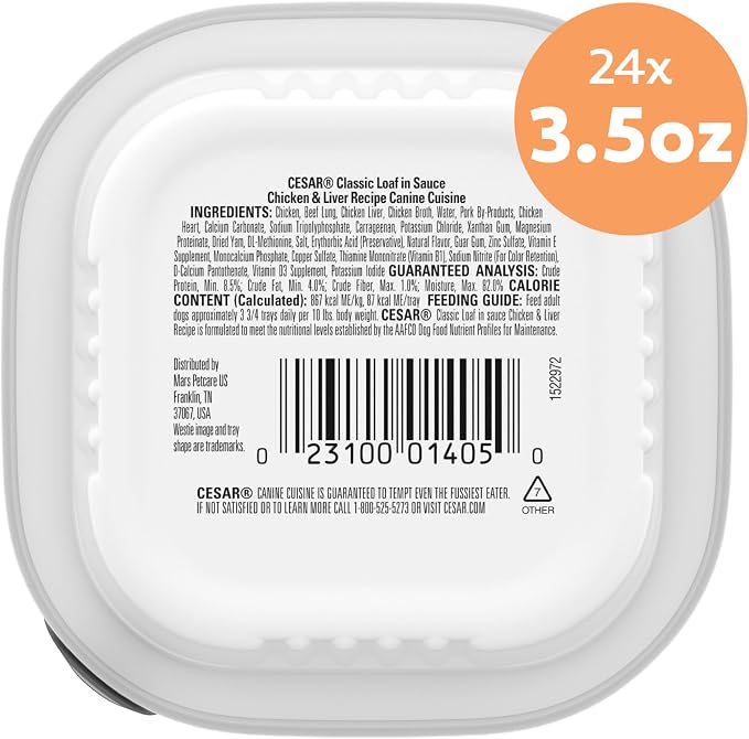 Cesar Classic Loaf in Sauce Wet Dog Food, Chicken & Liver, 3.5 oz, 24 Count | Made in USA, Real chicken #1 ingredient, no fillers/added sugar/artificial flavors, use as meal or topper, easy peel trays