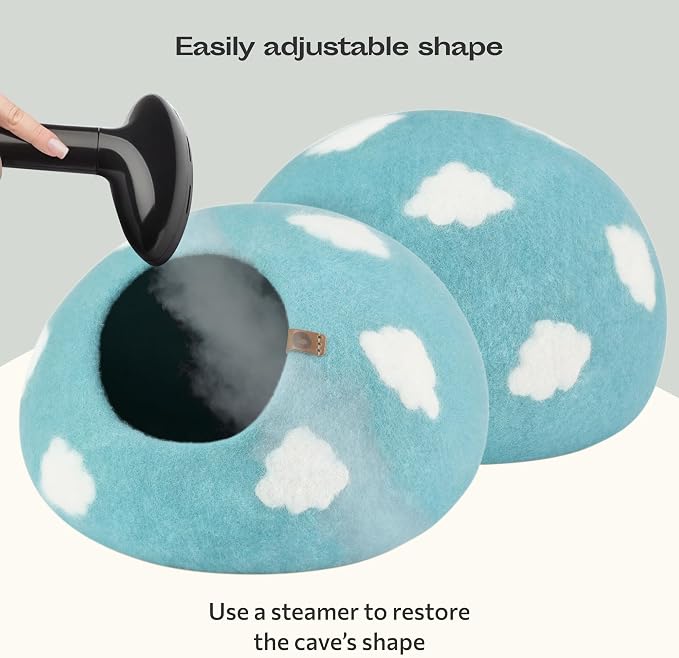 Cat Cave - Merino Wool Bed for Indoor Cats (Cloud Nap Blue, Medium) | Cat Bed Enclosure, Premium Felt, Handmade, Super Soft, Lightweight, Breathable, Adjustable Shape