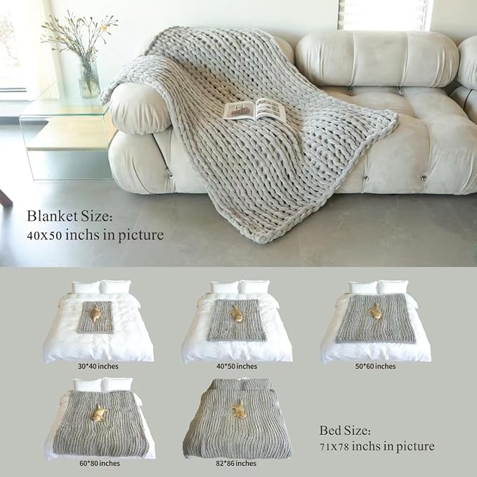 Maetoow Chenille Chunky Knit Blanket Throw （40×50 Inch）, Handmade Warm & Cozy Blanket Couch, Bed, Home Decor, Soft Breathable Fleece Banket, Christmas Thick and Giant Yarn Throws，Cream