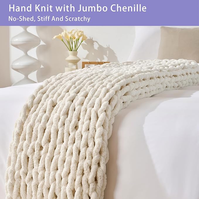 Bigacogo Chunky Knit Throw Blanket for Couch, 80x90 inches, Vintage White | Hand Knit with Jumbo Chenille, Soft Breathable Cable Knit for Sofa Bed Living Room, Machine Washable, Gift for Mom Friend
