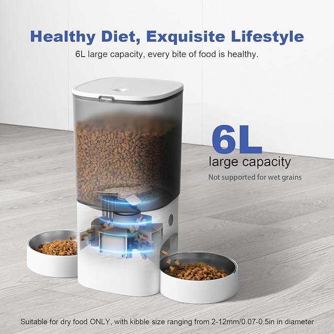 2.4G/5G Automatic Cat Feeder, 6L WiFi Cat Food Dispenser with 10s Voice Recorder, Double Bowl Pet Feeder up to 10 Meals per Day, Timed Feeder with Dry Food Sealed Ring (White)