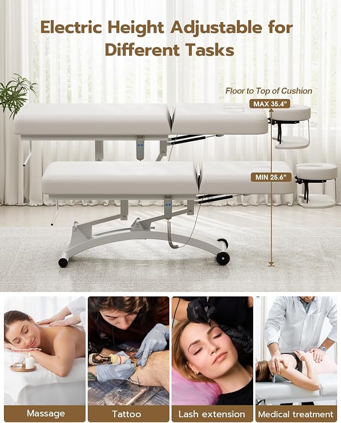 Paddie Electric Lift Spa Bed, Professional Stationary Massage Table with Hydraulic Backrest & Removable Breast Hole, Heavy Duty Medical Beauty Bed Mobile on Casters