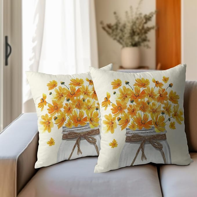 Kawani Yellow Floral Throw Pillow Covers 20x20 Set of 2 Watercolor Coreopsis Daisy Flowers Mason Jar Decorative Pillow Cases Cotton Linen Cushion Cover for Couch Sofa Outdoor Home Decor