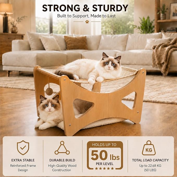 Cat Hammock Bed, 3 in 1 Elevated Bunk Cat Hammock Bed with Sisal Scratching Pad & Soft Plush Cushion, Wooden Cat Furniture for Small to Medium Cat & Dog, Pet Hair Removal Glove