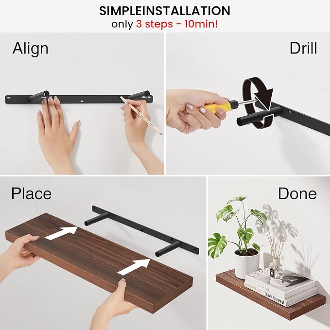 BAYKA Walnut-Like Floating Shelves 22.5in, 3Pack, Wall Mounted Wall Decor | Easy Install, 22lbs Max Load, Hidden Bracket, Shelf for Bathroom Bedroom Kitchen Books Display Storage, Multi-Wall Compatible