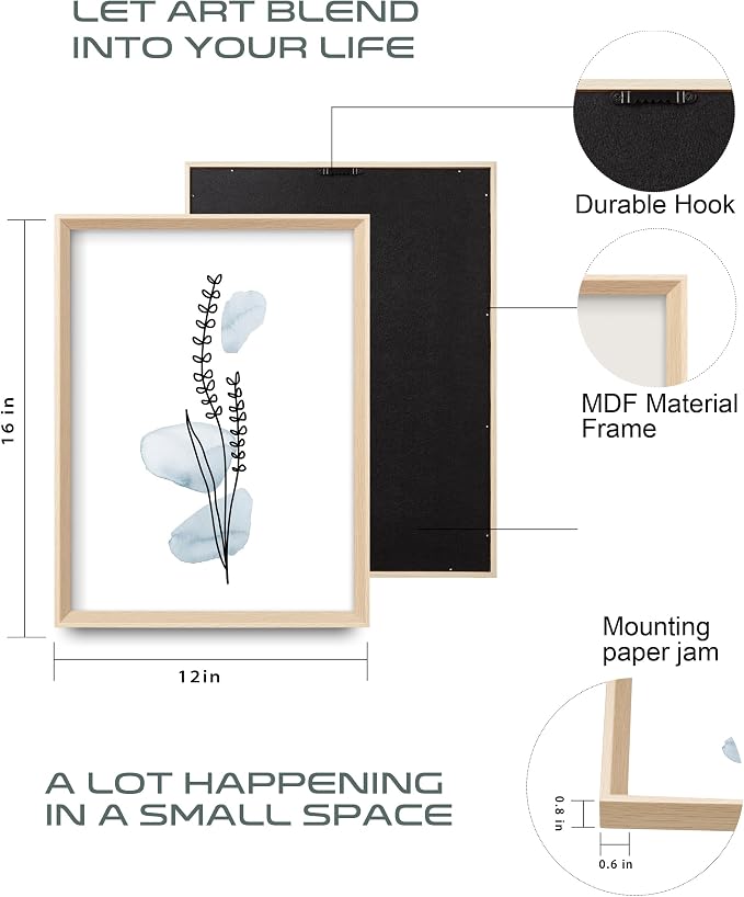 HesenDot Blue Floral Framed Wall Art, Minimalist Botanical Canvas Prints | 12x16IN Set of 3, Wood High Framed Prints, Boho Flowers Artwork, Wall Decor for Living Room Kitchen Bedroom Bathroom