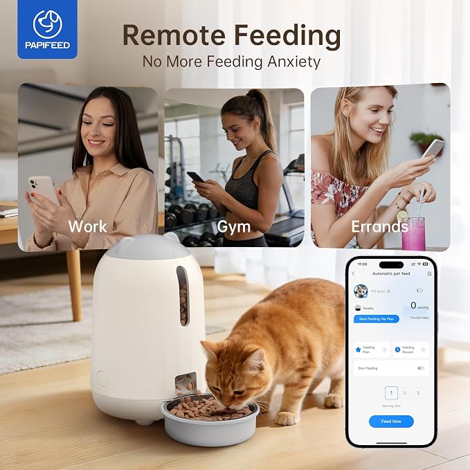 PAPIFEED Automatic Cat Feeder, Smart WiFi App Control Pet Feeder 2.4GHz, 3L Auto Food Dispenser for Cats & Small Dogs, Timed Feeding, Portion Control, Dual Power Supply, Easy Clean, Grey