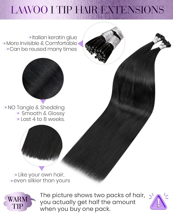 LaaVoo I Tip Hair Extensions Human Hair Jet Black Itips Hair Extensions Soft Straight I Tips Human Hair Extension Pre Bonded Cold Fusion 24inch 100g 100s