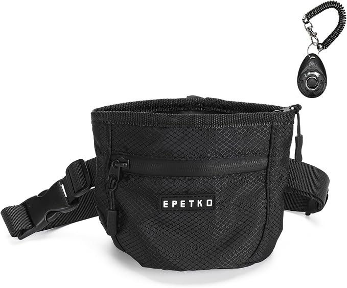 Dog Treat Pouch with Training Clicker, Treat Bag Fanny Pack with Magnetic and Zipper Closure Waterproof and Durable Treat Pouches for Pet Training Walking (Black)