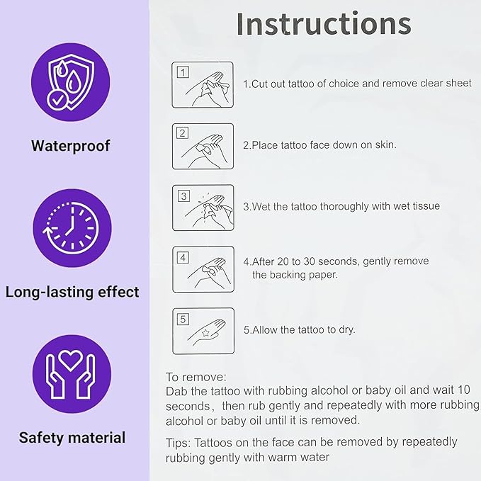 Purple Temporary Tattoo Stickers – 8 PCS Movie Anime Kpop Theme Purple Tattoos Realistic Waterproof Body Art for Cosplay, Halloween, and Party Makeup(For Full Body)