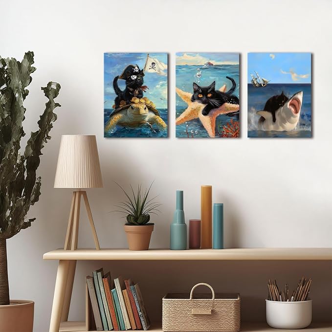 Framed Black Cat Wall Art Funny Cat Shark Turtle Starfish Canvas Wall Decor Ocean Abstract Black Cat Posters Pictures Print for Bedroom Living Room Bathroom 12x16 In