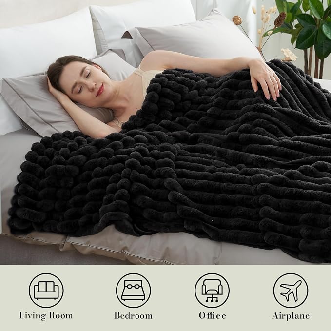 Faux Fur Throw Blanket for Couch, Cozy Fuzzy Fluffy Fur Luxurious Soft Striped Plush Gift Blankets for Family Sofa Chair Bedroom, 55"x70", Black