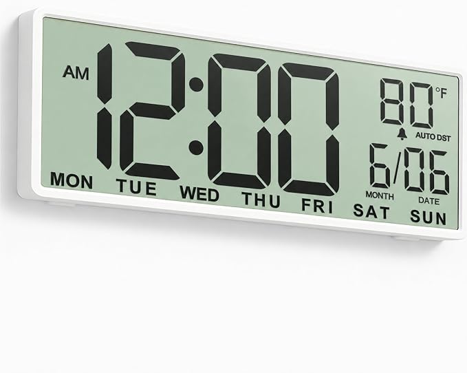 JALL Large Digital Wall Clock Battery Operated, Wall Clock with Big Numbers LCD Display, Digital Clock with Simultaneous Date Day Temperature, Auto DST, Clocks for Office, Gym, Bedroom, Elderly- White